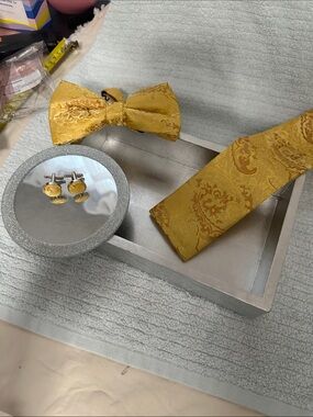 Gold Silk Paisley Bow Tie, Handkerchief & Cufflink Set - Men's by Barry Wang.